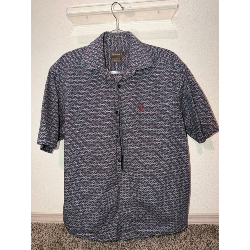 Ariat Mens Short Sleeve Button Down Shirt Navy Red Geometric Print Size Large
